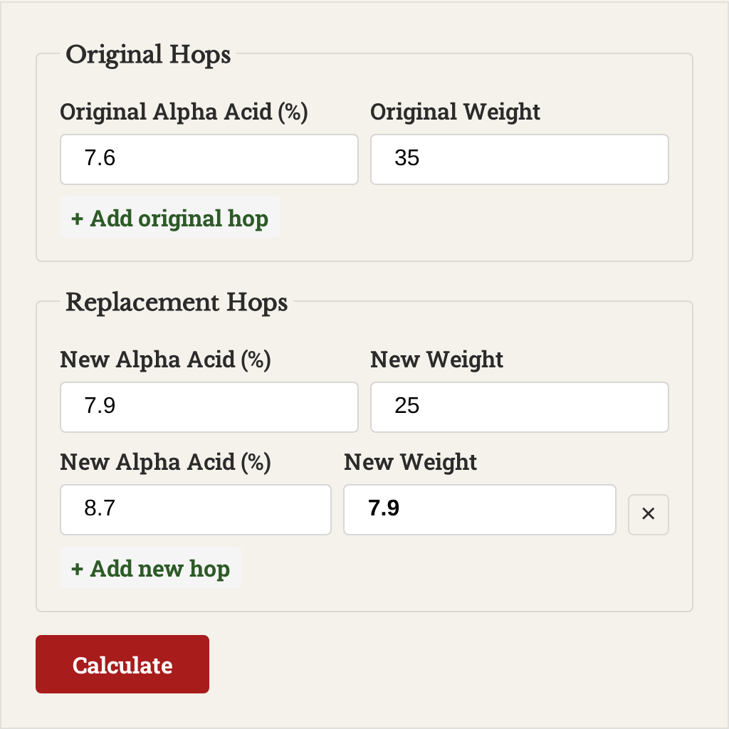 Advanced alpha acid calculator filled in for example 1: original 7.6% at 35g, replacements 7.9% at 25g and 8.7% at 7.8g