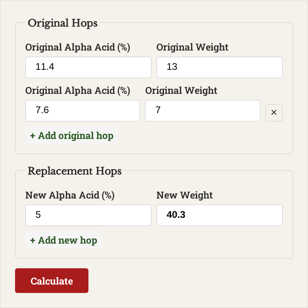Advanced alpha acid calculator filled in for example 2: originals 11.4% at 13g and 7.6% at 7g, replacement 5% at 40.1g