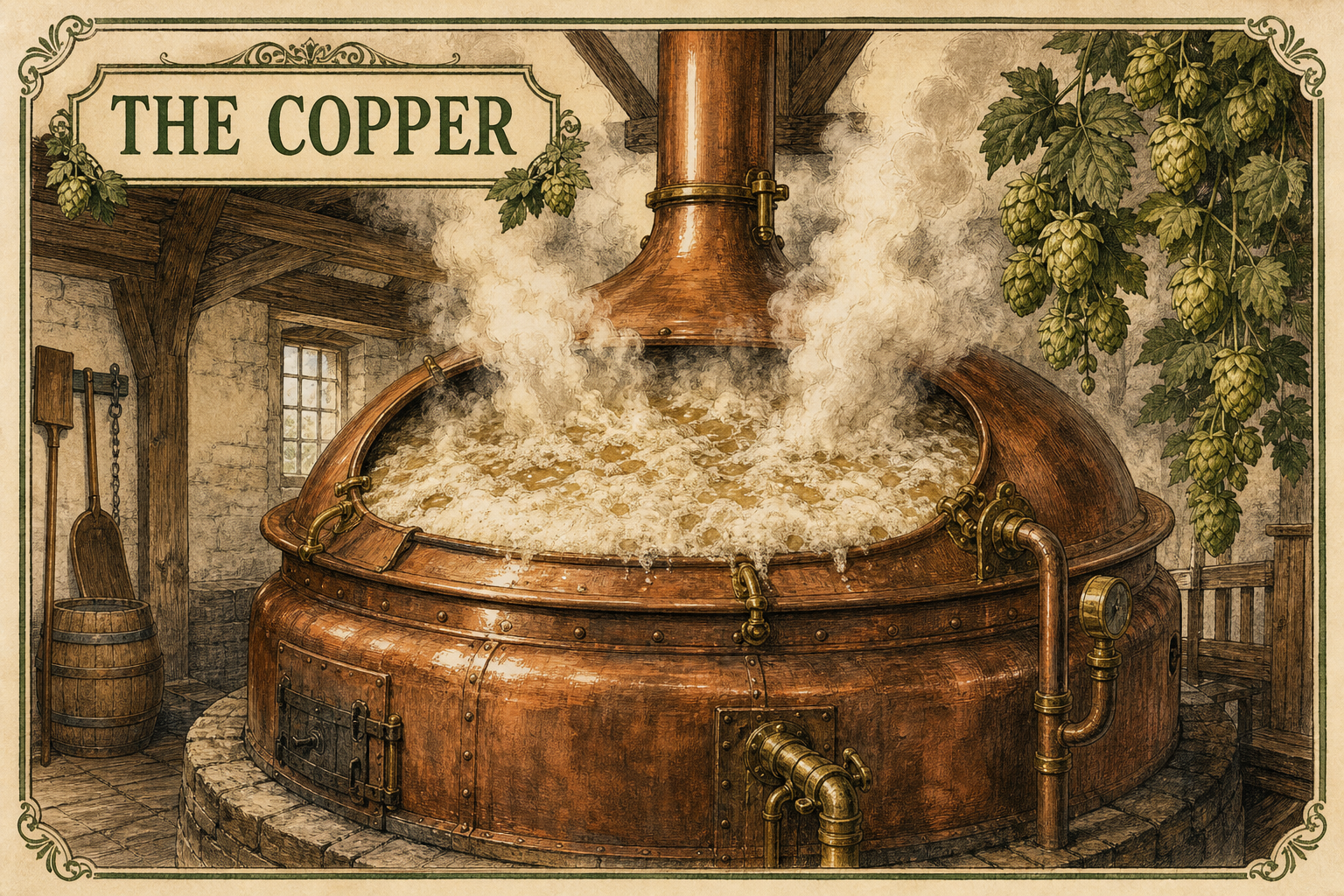 Heritage illustration of a traditional copper brewing kettle at a vigorous rolling boil, steam rising, set in an old brewhouse with hop bines hanging nearby.