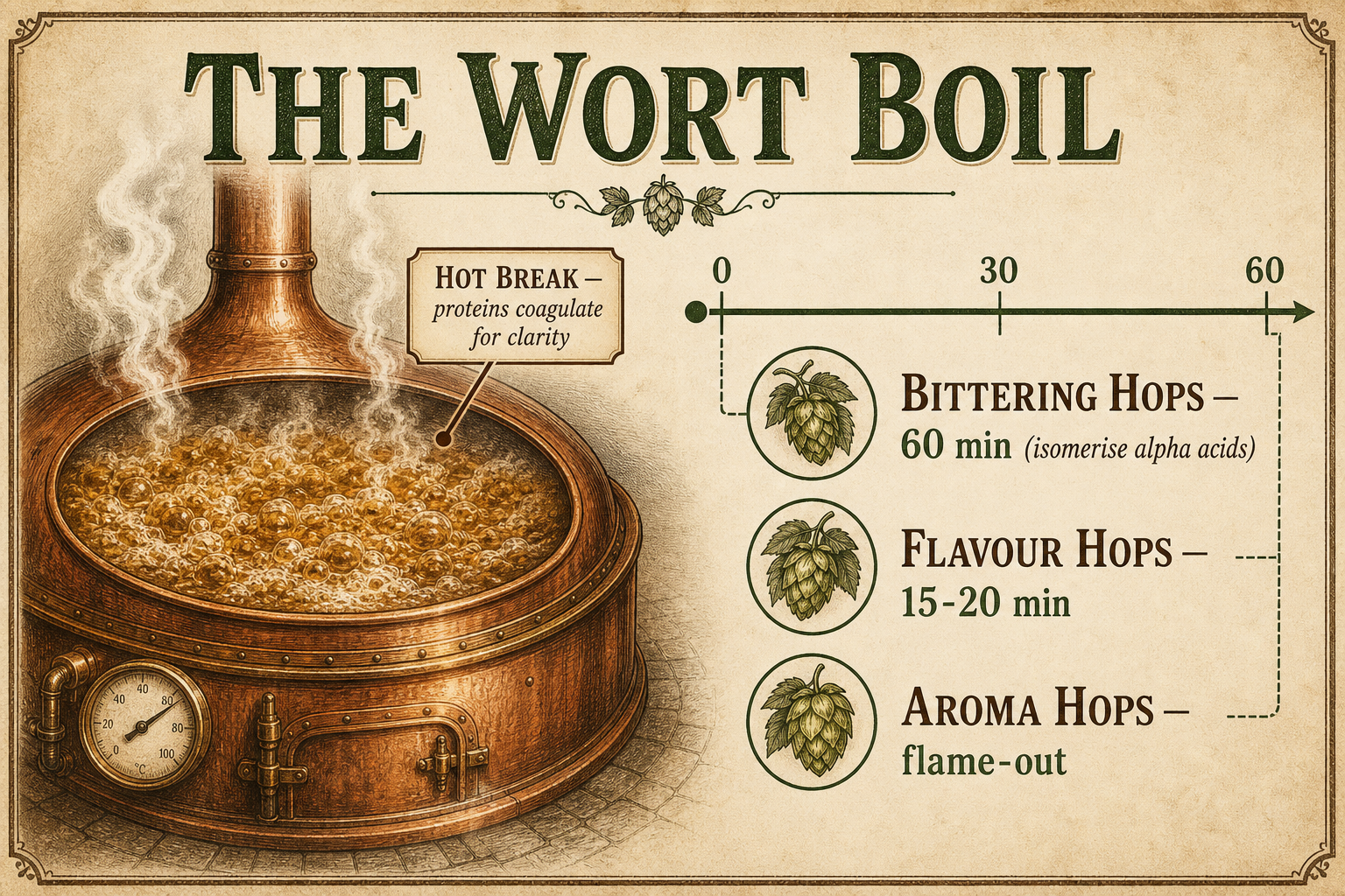 Labelled brewing-manual infographic of the wort boil showing a copper at a rolling boil with a 60-minute timeline of hop additions — bittering hops at 60 minutes, flavour hops at 15 to 20 minutes and aroma hops at flame-out — alongside a note explaining the hot break and protein coagulation.