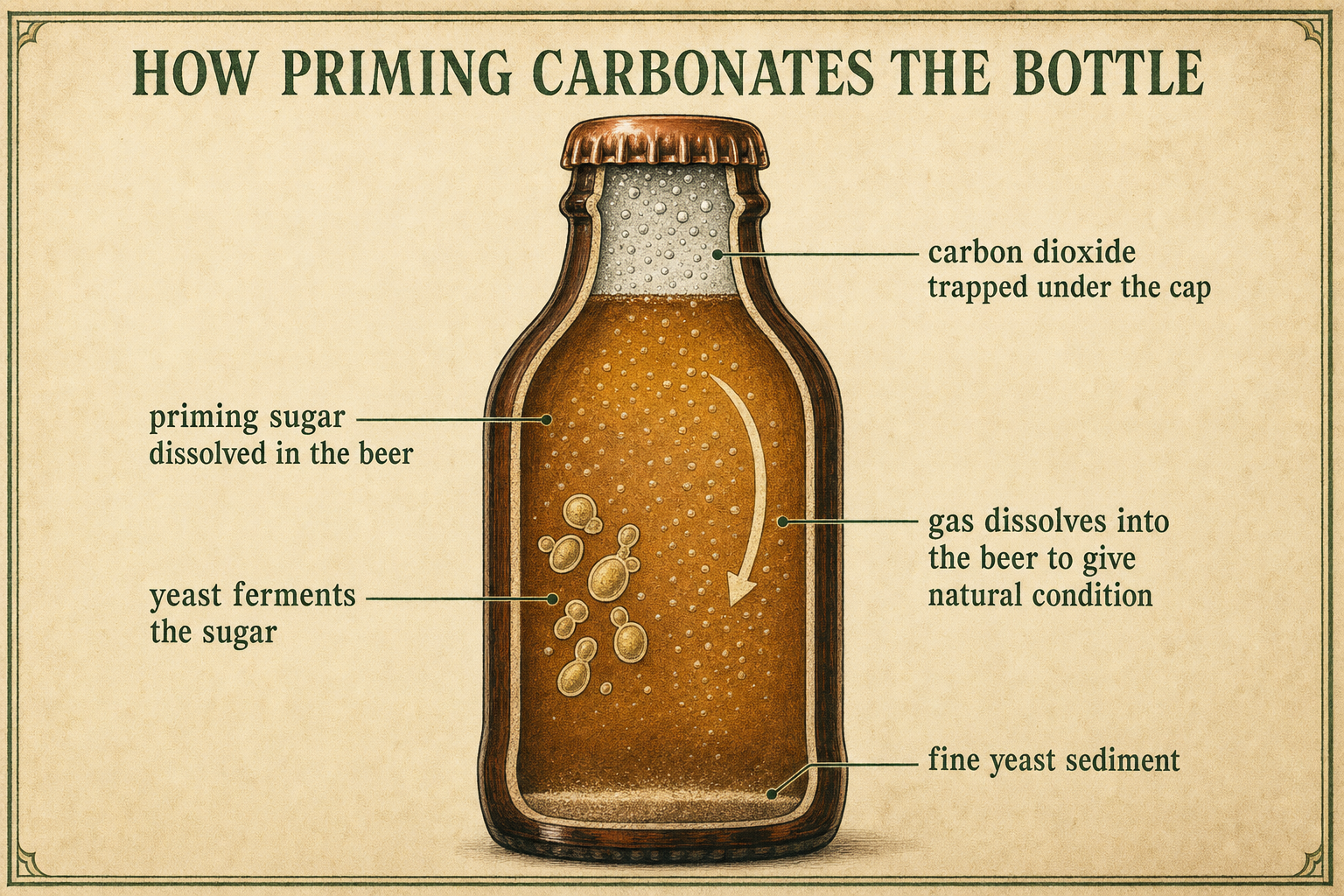 Brewing-manual callout illustration explaining how priming carbonates a bottle: a labelled sealed bottle showing priming sugar dissolved in the beer, yeast cells fermenting it, rising carbon dioxide bubbles being trapped under the crown cap and dissolving into the beer, with a fine yeast sediment forming at the base.