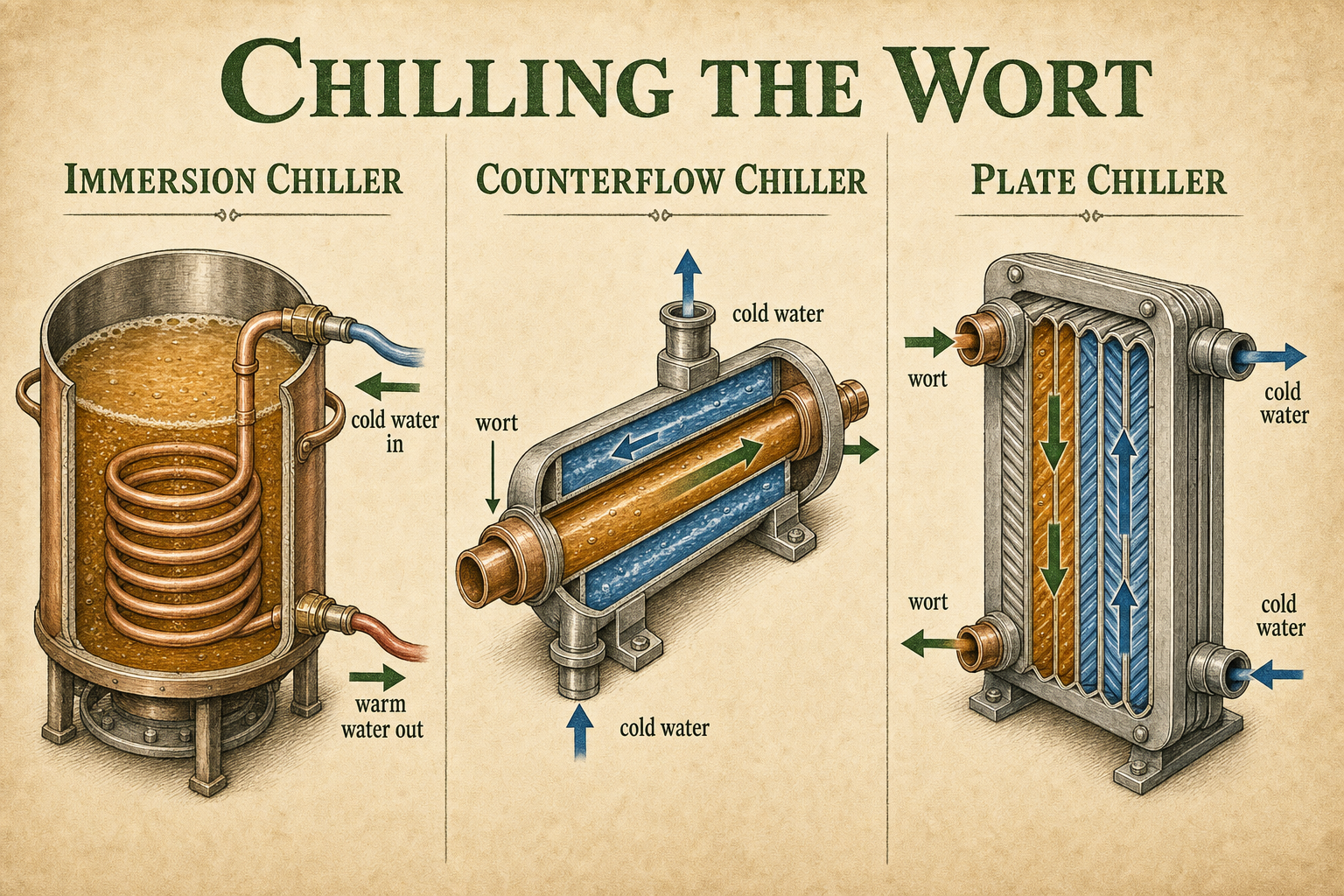 Labelled brewing-manual diagram comparing three wort chilling methods: an immersion chiller (a copper coil sat in the kettle with cold water flowing through it), a counterflow chiller (wort and cold water passing in opposite directions through nested tubes), and a plate chiller (stacked plates carrying wort and water in alternating channels).