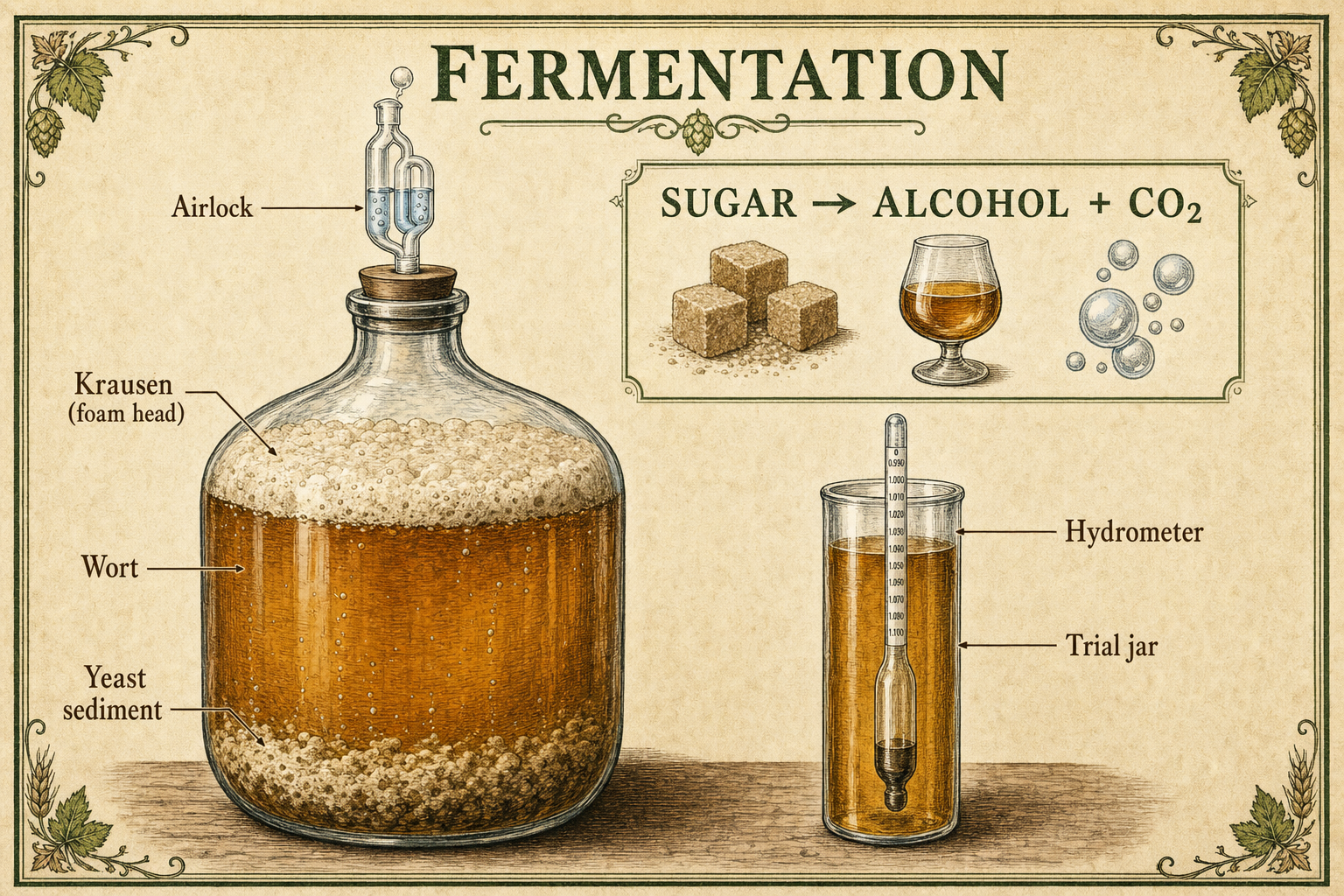 Labelled diagram of fermentation showing a glass fermenter of wort with a bubbling airlock on top, an arrow showing sugar converting into alcohol and carbon dioxide, and a hydrometer floating in a trial jar alongside.