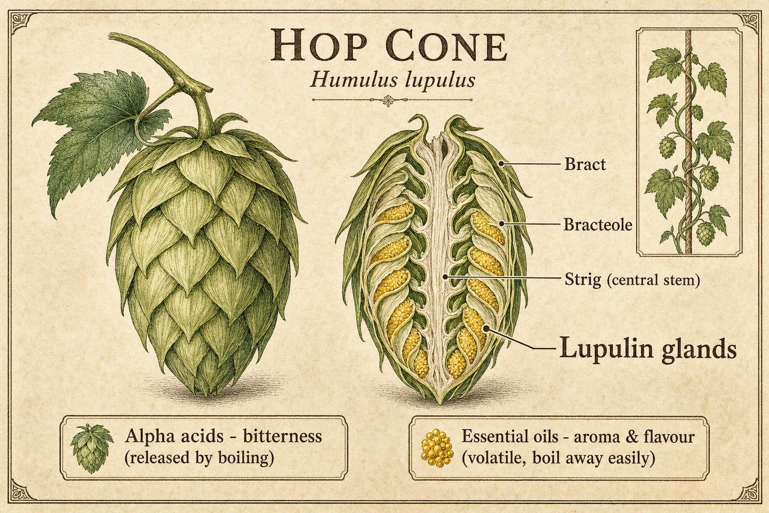 Botanical labelled diagram of a hop cone of Humulus lupulus shown whole and cut open lengthwise to reveal the bracts, the central strig and the golden lupulin glands, with notes that alpha acids give bitterness when boiled and the essential oils give aroma and flavour.