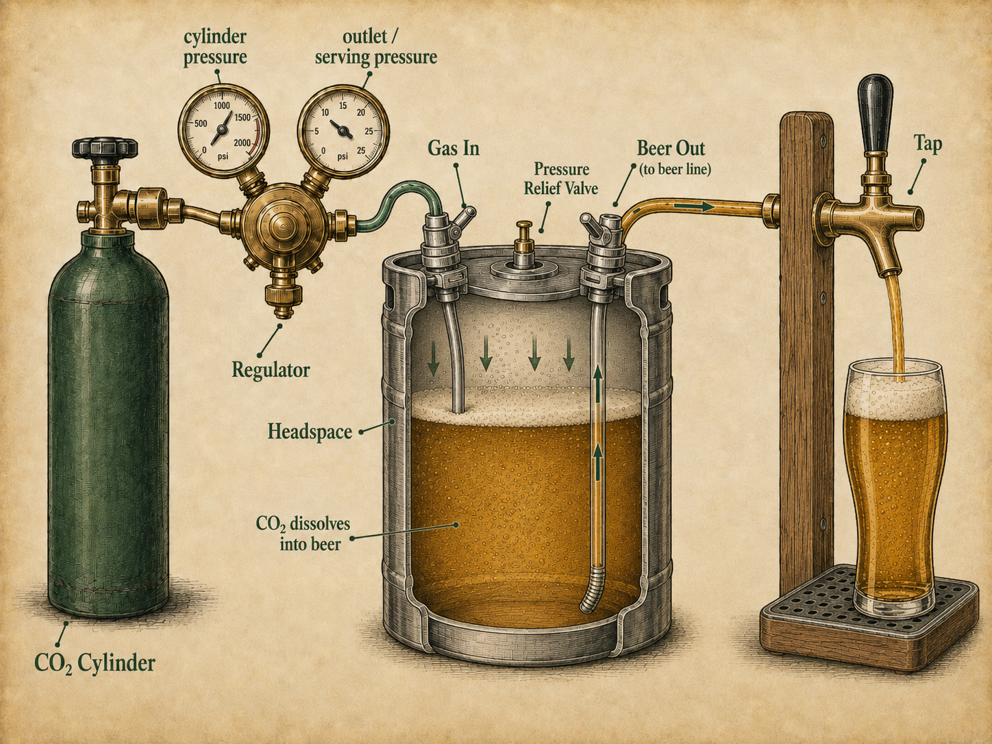 Schematic showing a CO2 cylinder connected through a two-gauge regulator to a sealed keg of beer; gas flows into the headspace and dissolves into the beer to carbonate it, while a separate beer line draws the carbonated beer out through a tap under pressure.