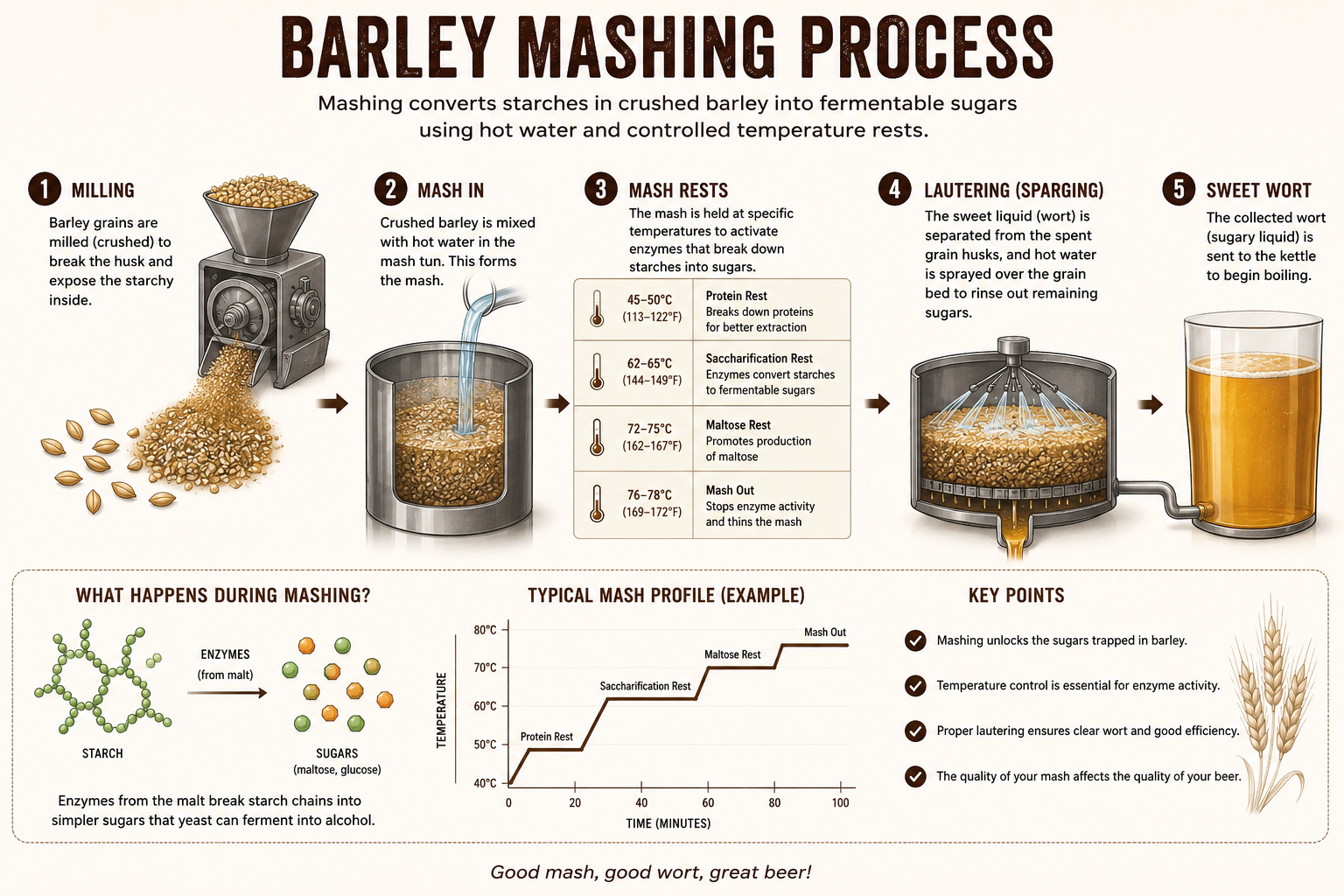 Infographic of the barley mashing process showing milling, mash in, temperature rests, lautering (sparging) and the resulting sweet wort, with a temperature-profile chart and the underlying starch-to-sugar chemistry.