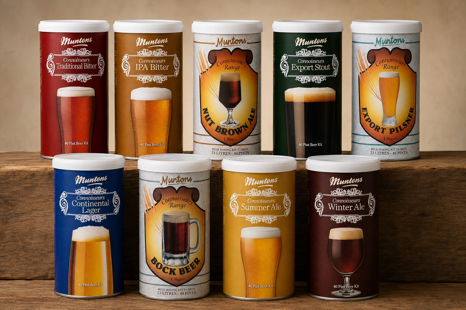 The nine Muntons Connoisseurs kit cans in two rows on a wooden bench: Traditional Bitter, IPA Bitter, Nut Brown Ale, Export Stout, Export Pilsner, Continental Lager, Bock Beer, Summer Ale and Winter Ale, each with its own label colours.