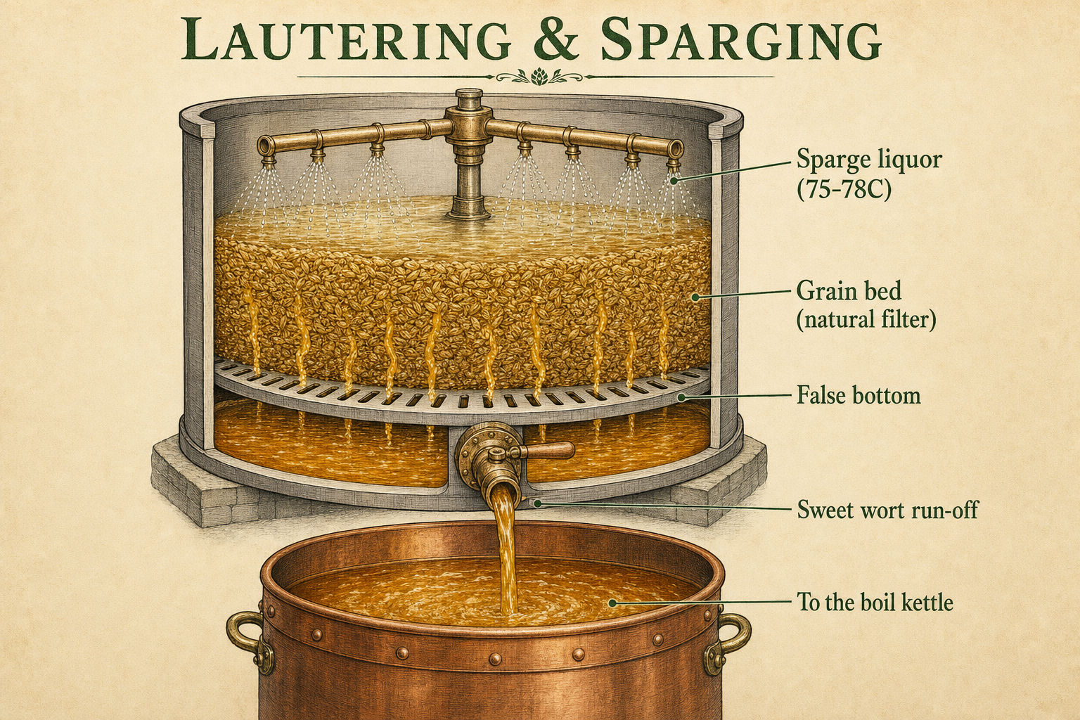 Labelled cutaway diagram of lautering and sparging — a mash tun with a settled grain bed acting as a natural filter, hot liquor sprinkled over the top, and bright sweet wort running off through a slotted false bottom into the boil kettle below.